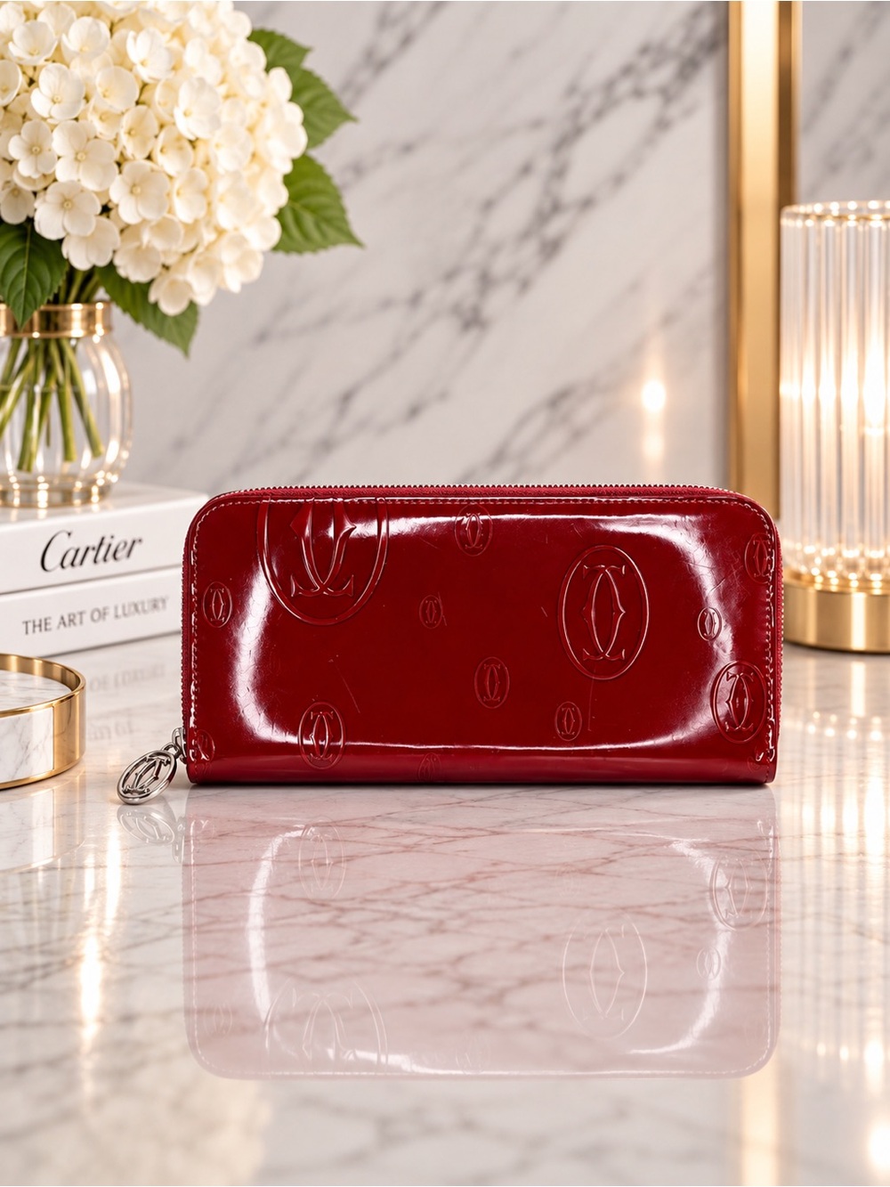 Cartier Red Patent Leather Zip Around Continental Wallet Birthday Collection